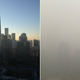 On the left, a photo of the China World Trade Center Tower III on February 26, 2013. On the right, the same swath of skyline, photographed the next day.